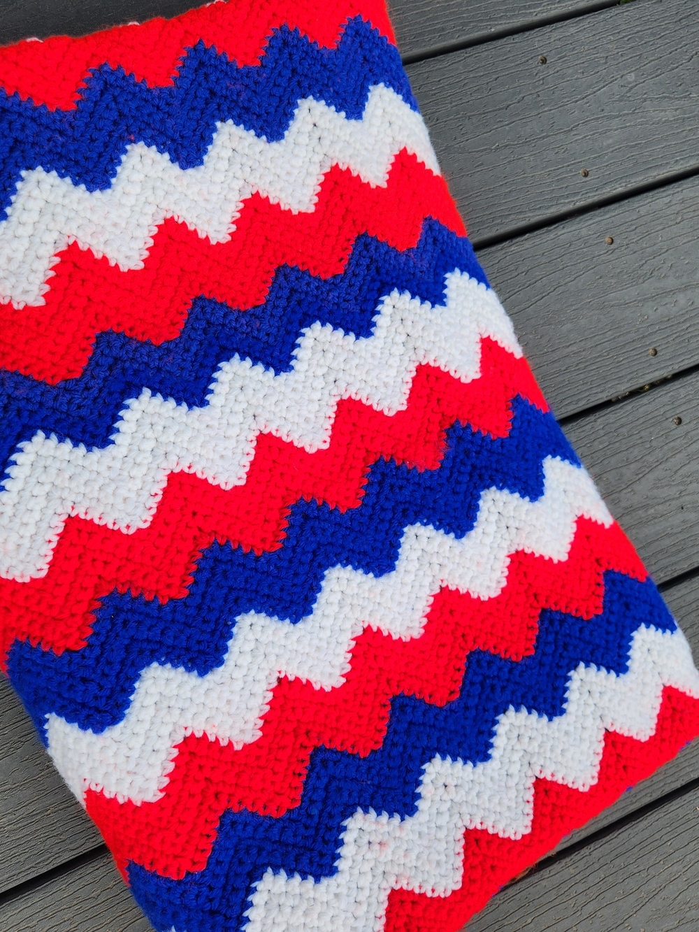 Handmade Red, White & Blue Ripple Crochet Afghan Blanket - Picture 5 of 6